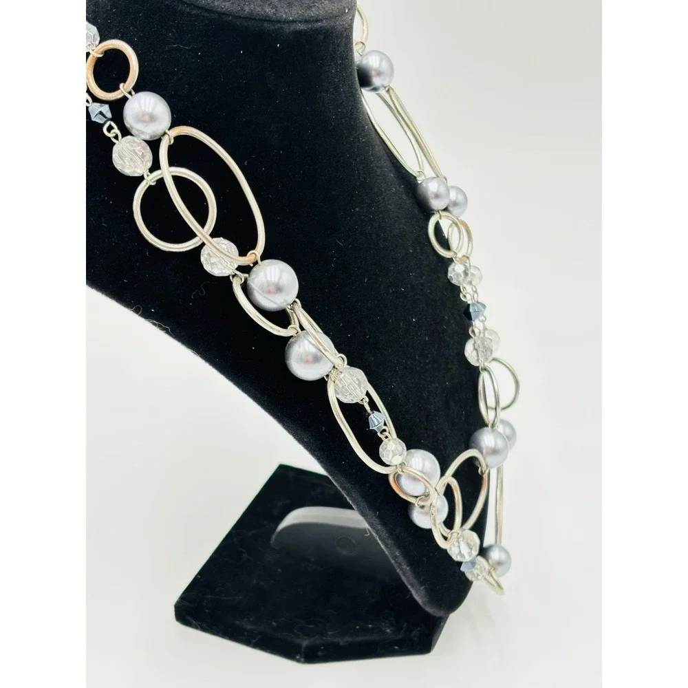 Lia Sophia Long Statement‎ Necklace Silver Tone Faux Pearl Beaded 30